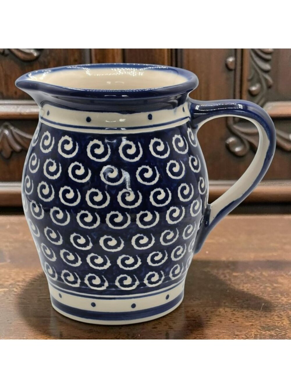 Handmade Polish Pottery Boleslawiec K9 Blue White Swirl Pattern Ceramic Pitcher